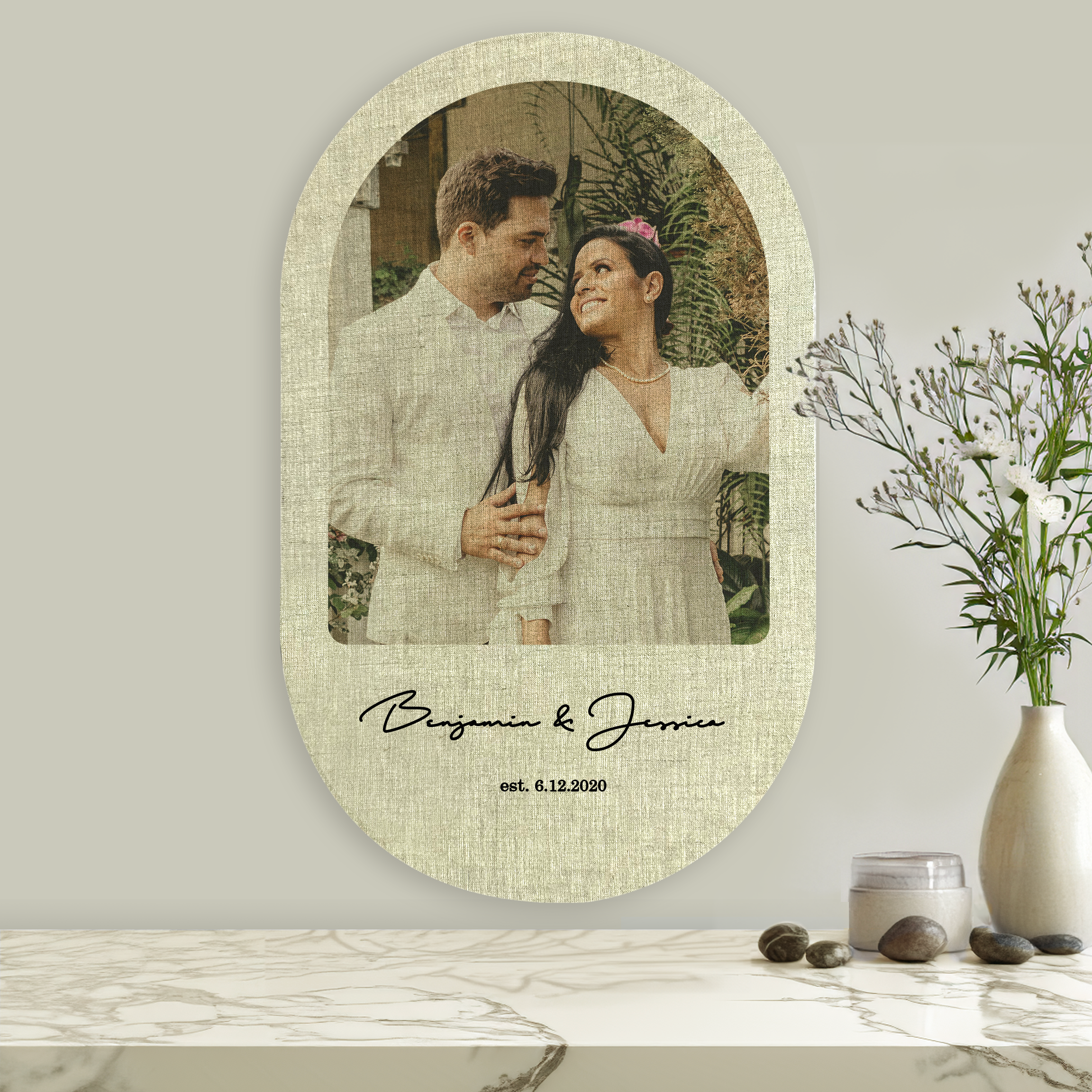 Color photo print on round linen frame 
